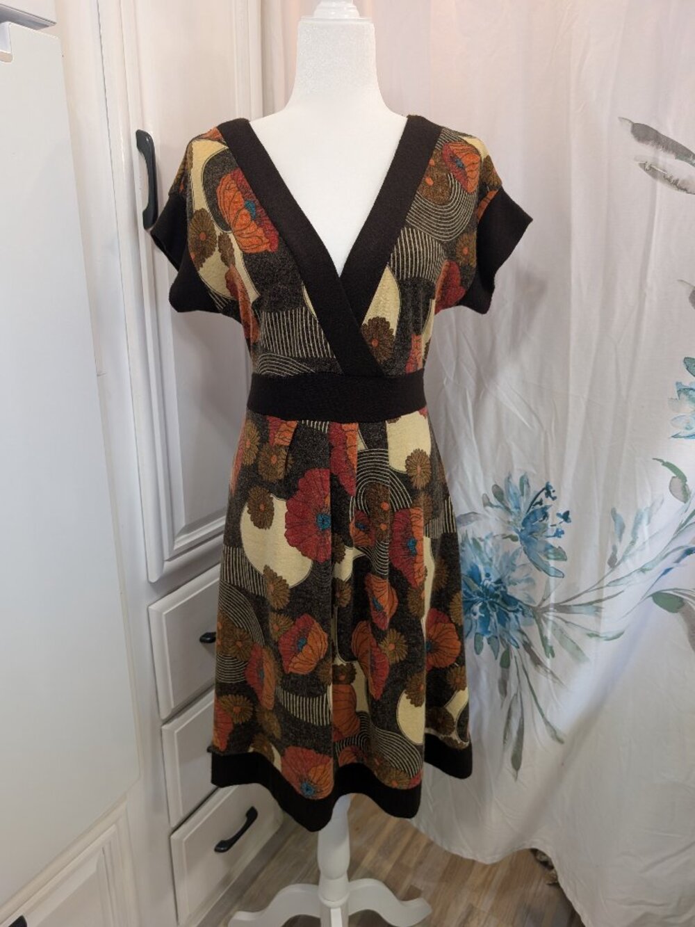 azelhazel hazel Women's Autumn Fall Floral Dress Brown Orange Red Size L
